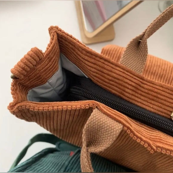 Vintage Retro Urban Chic Brown Chestnut Corduroy Crossbody Bag Minimalist Tote - Picture 7 of 16